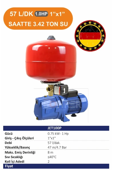 BÖHRER 3 Kat 3 Daire Jet100P 750W 1 Hp 24 L İtalyan Tiptomatik Aç Kapa Hidrofor Tank Set ürün görseli 1