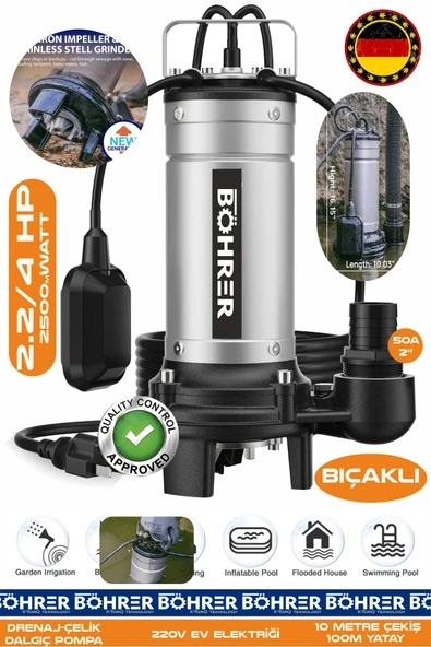 BÖHRER BIÇAKLI 5/8 Kw 0.75 HP 220V Demir Drenaj Logar Pis Su Parçalayıcılı Çelik Gövde Dalgıç Tahliye Pompa ürün görseli 1