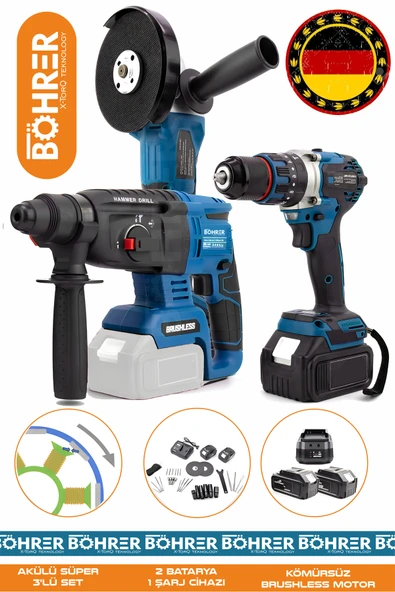 BÖHRER ALMAN V598 SÜPER 3'LÜ SET AKÜLÜ 13MM AKÜLÜ KIRICI DELİCİ HİLTİ, DARBELİ VİDALAMA, TAŞLAMA MAKİNESİ ürün görseli 1