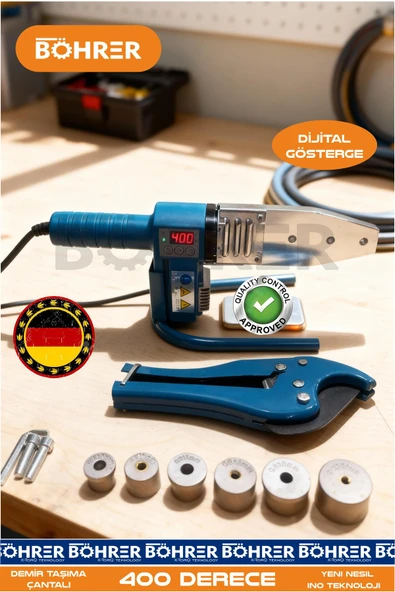 BÖHRER ALMAN DESİGNE DİJİTAL GÖSTERGELİ ELEKTRİKLİ + MAKAS HEDİYELİ 6 ADET PAFTALI PLASTİK BORU KAYNAK MAKİ ürün görseli 1