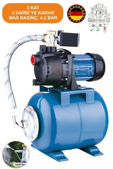 BÖHRER BAKIR SARGILI 4 KAT 4 DAİRE 1 HP OTOMATİK MUSLUK AÇ KAPA 24L TANK HİDROFOR SU POMPASI SU MOTORU ürün görseli 1