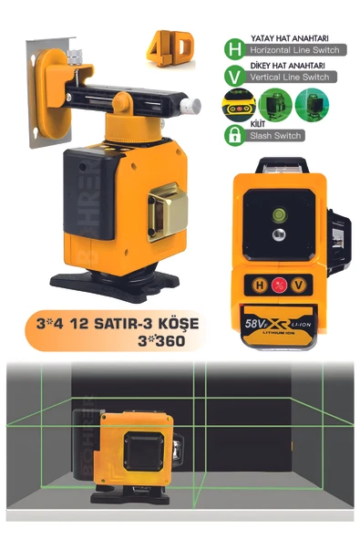 BÖHRER Bh089g 12 Satır Lazer Seviyesi 12v Pil 3 Taraf 360 Derece Dikey Yatay Yeşil Işık Seviye Ölçme ürün görseli 1