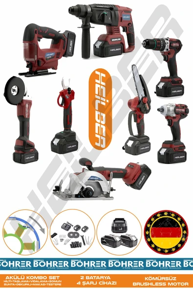 HEİLBER Alman 4 Akü 2 Şarj Cihazı V598/36v Profesyonel 8 Makine Kombo Set , Kırmızı Çanta ürün görseli 1