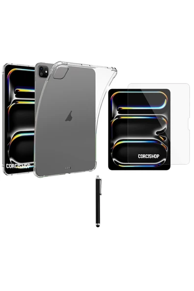 corcishop Apple iPad Pro 13 İnç M4 (2024) Uyumlu Tablet Şeffaf Köşe Korumalı Silikon + Ekran Koruyucu + Kalem ürün görseli 1