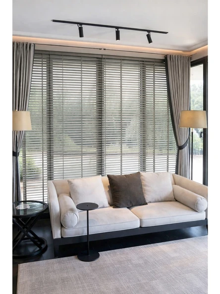 N. Luxury Açık Gri 50mm %100 Gerçek Ahşap Jaluzi Perde Redüktörlü Zincir Mekanizmalı Ofis/Ev Tüm Mekanlar100 x 240Açık Gri ürün görseli 1