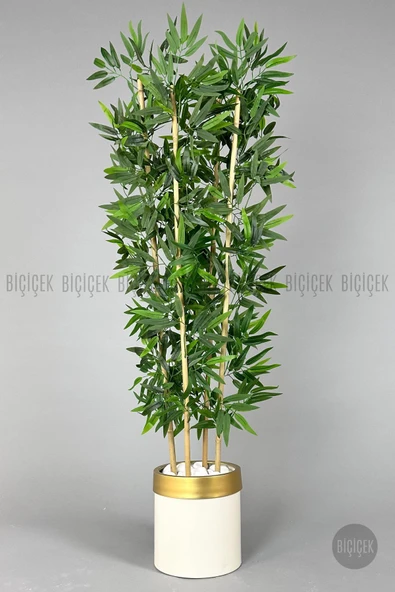 BİÇİÇEK Yapay bambu ağacı 140cm krem gold metal saksıda ürün görseli 1