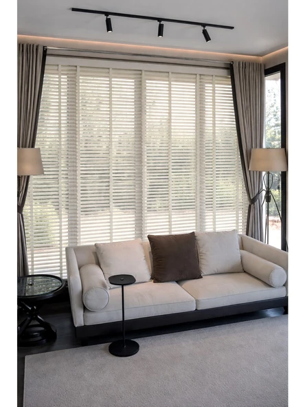 N.Luxury Kırık Beyaz 50mm %100 Gerçek Ahşap Jaluzi Perde Redüktörlü Zincir Mekanizmalı Ofis/Ev Tüm Mekanlar160 x 200Kırık Beyaz ürün görseli 1