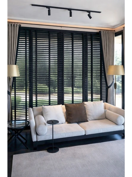 N.Luxury Siyah 50mm %100 Gerçek Ahşap Jaluzi Perde Redüktörlü Zincir Mekanizmalı Ofis/Ev Tüm Mekanlar90 x 250Siyah ürün görseli 1