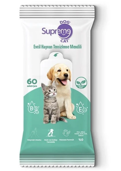 Supreme Yeşil Çaylı Kedi Ve Köpek Temizleme Mendili 60 Adet 3'lü Paket ürün görseli 1