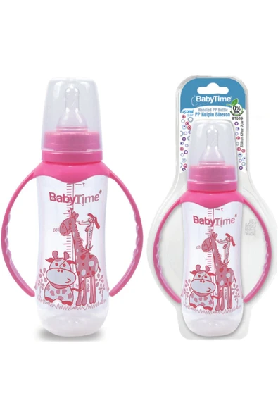 Baby Time Silikon Kiraz Uçlu Kulplu Pp Biberon 250 ml - Pembe ürün görseli 1