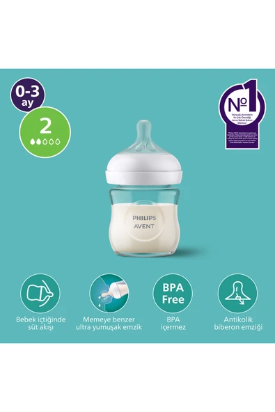 Doğal Tepkili Cam Biberon, 120ml, 0-3 Ay, SCY930/01 ürün görseli 1