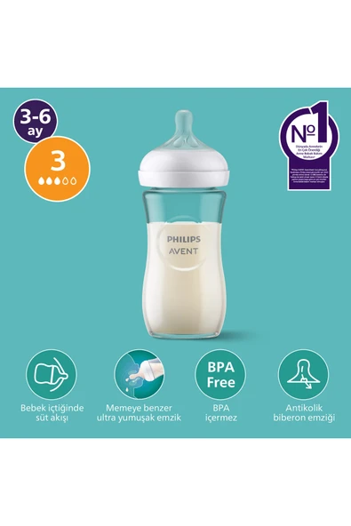 Doğal Tepkili Cam Biberon, 240ml, 3-6  Ay, SCY933/01 ürün görseli 1