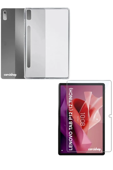 corcishop Lenovo Tab P12 ZACH0125TR 12.7 İnç Kılıf Şeffaf Darbeye Dayanıklı Silikon Kılıf + Ekran Koruyucu Set ürün görseli 1