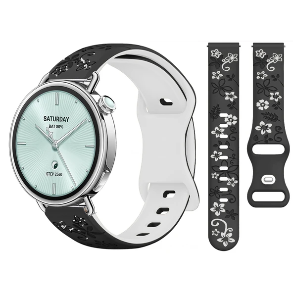 Sneezy Mi Watch S4 41mm İle Uyumlu FloraFlex Çiçek Desenli Yumuşak Soft Silikon Kordon  Siyah Beyaz ürün görseli 1
