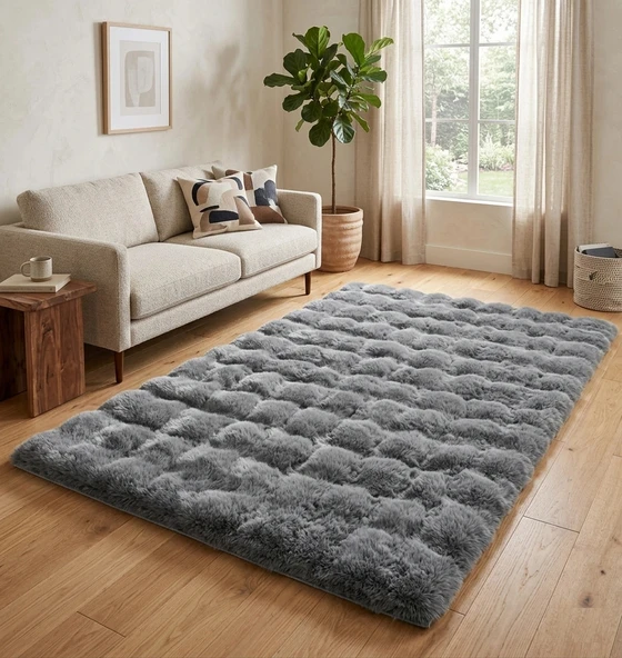 Carpet Dekor Bubble Yumuşak Suni Tavşan Tüyü Halı Antrasit ürün görseli 1