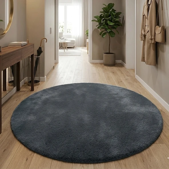 Carpet Dekor Peluş Yumuşak Dekoratif Halı Yuvarlak Antrasit ürün görseli 1