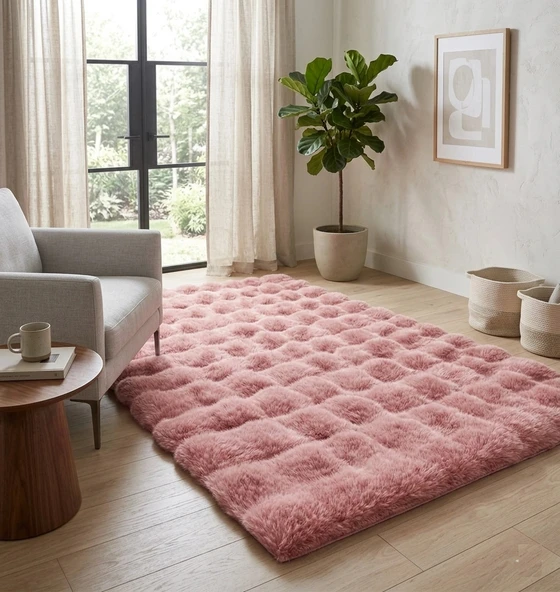 Carpet Dekor İthal Bubble Yumuşak Suni Tavşan Tüyü Halı Pudra-Pembe ürün görseli 1