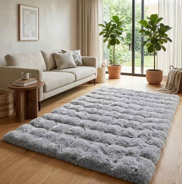 Carpet Dekor Bubble Yumuşak Suni Tavşan Tüyü Halı Gri ürün görseli 1