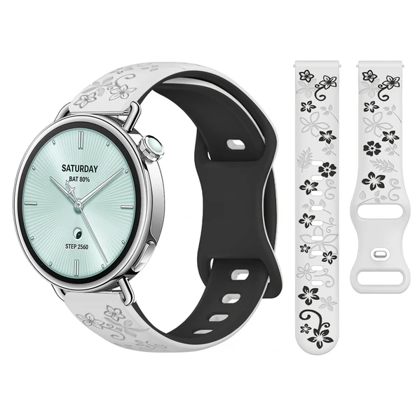 Sneezy Mi Watch S4 41mm İle Uyumlu FloraFlex Çiçek Desenli Yumuşak Soft Silikon Kordon  Beyaz ürün görseli 1