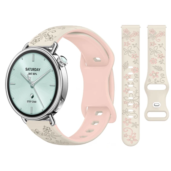 Sneezy Mi Watch S4 41mm İle Uyumlu FloraFlex Çiçek Desenli Yumuşak Soft Silikon Kordon  Açık Pembe ürün görseli 1