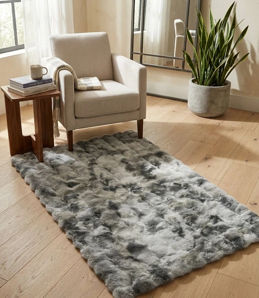 Carpet Dekor İthal Bubble Yumuşak Suni Tavşan Tüyü Halı Gri-Beyaz ürün görseli 1