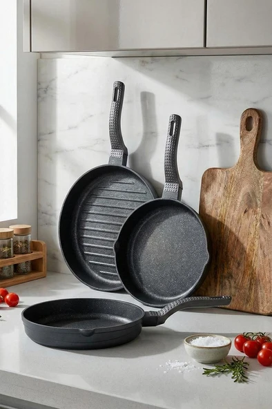 3738 Biogranit Döküm Grill Ergonomik Saplı 3 Parça Tava Seti Gri 20-24-28cm ürün görseli 1