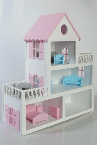 Buradadavar Hobi Ahşap Boyalı Ahşap Barbie Bebek Evi Oyuncak (15 Adet Mobilya Hediyeli) ürün görseli 1