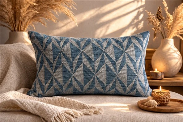 Mavi Geometrik Desenli Keten Kırlent Kılıfı 35x50 cm – Premium Collection ürün görseli 1