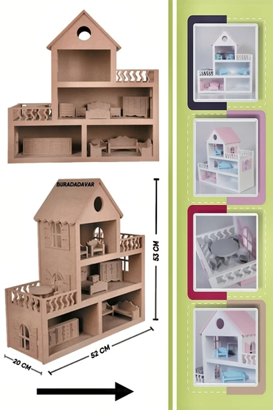 Buradadavar Hobi Ahşap Barbie Bebek Evi Oyuncak (15 ADET MOBİLYALI) ürün görseli 1
