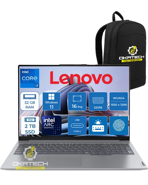 THİNKBOOK 16 G6 IRL INTEL CORE I7-13700H 32 GB 2 TB SSD 16" WUXGA IPS 300NİT WİN11PRO  TAŞINABİLİR BİLGİSAYAR + OKATECH ÇANTA 21KH00V1TROKA09 ürün görseli 1