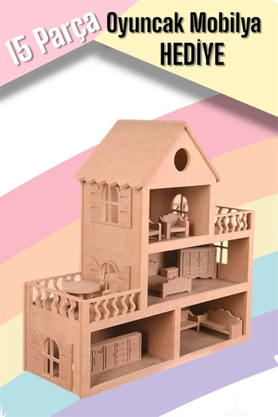 Buradadavar Hobi Ahşap Çocuklar Için Eğitici Eğlenceli Barbie Bebek Evi Oyuncak (15 ADET MOBİLYALI) ürün görseli 1