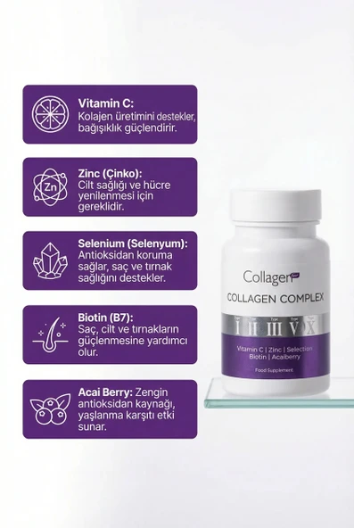 Collagen Forte Platinum 5 Tip Kolajen Complex Tip 1,2,3,5 Ve Tip 10 Biotin, Çinko, Selenyum, C Vitamini & Açai, 90 Tablet ürün görseli 1