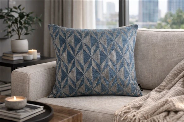 Mavi Geometrik Desenli Keten Kırlent Kılıfı 43x43 cm – Premium Collection ürün görseli 1