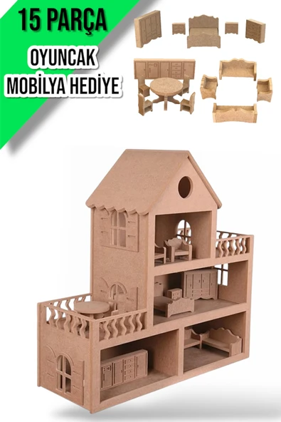Buradadavar Hobi Ahşap Boyanabilir Ahşap Bebek Evi Oyuncak (15 PARÇA MOBİLYA HEDİYE) ürün görseli 1