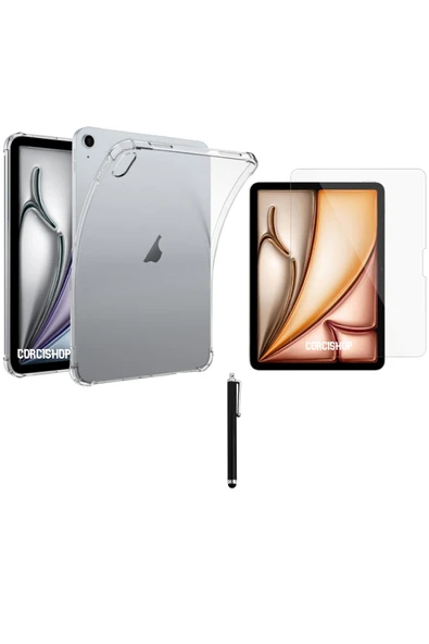 corcishop İpad Air 13 Inç M2 2024/2025 Kılıf Tablet Şeffaf Köşe Korumalı Silikon Ekran Koruyucu Kalem ürün görseli 1