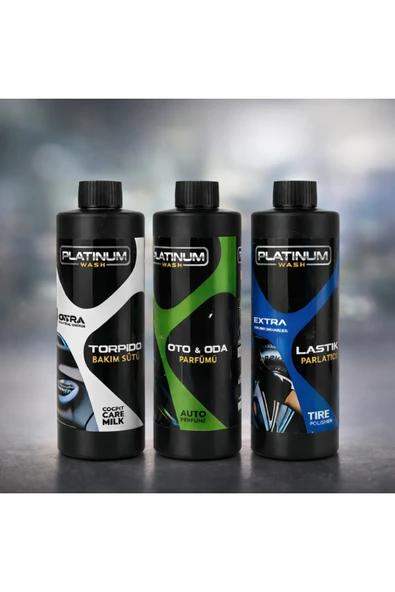 PLATINUM WASH ENDÜSTRİYEL TEMİZLİK ÜRÜNLERİ 3LÜ SET TORPİDO BAKIM SÜTÜ+LASTİK PARLATICI+SPREY OTO KOKUSU(MİKROFİBER BEZ VE SÜNGER HEDİYELİ) ürün görseli 1