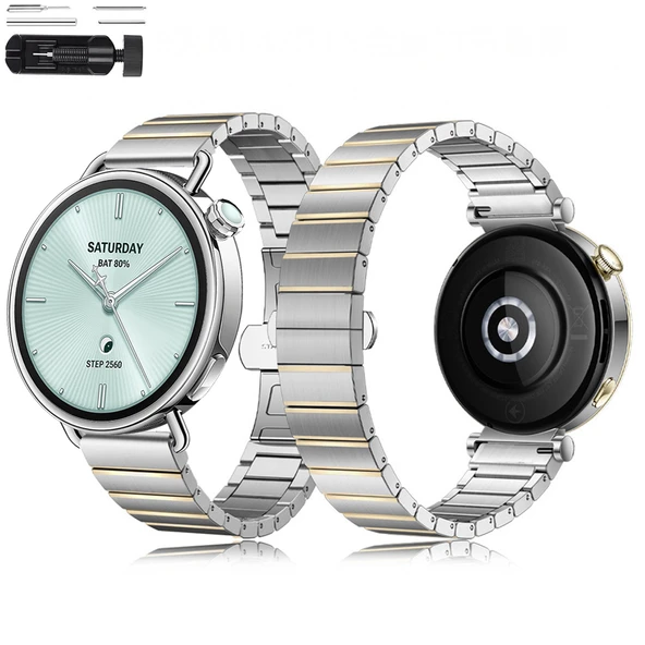 Sneezy Mi Watch S4 41mm İle Uyumlu Renk Detaylı 18mm Paslanmaz Çelik Metal Kordon Kayış  Gold ürün görseli 1
