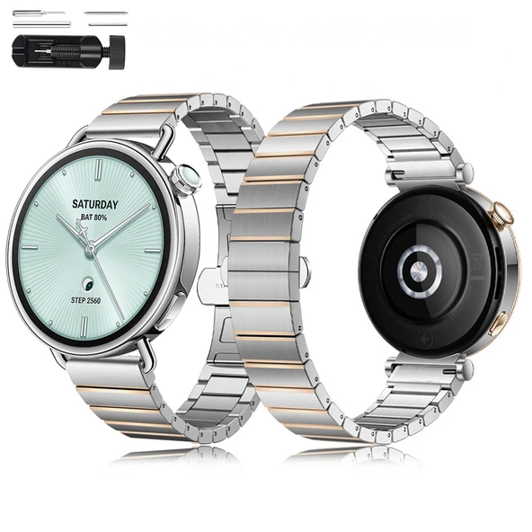 Sneezy Mi Watch S4 41mm İle Uyumlu Renk Detaylı 18mm Paslanmaz Çelik Metal Kordon Kayış  Rosegold ürün görseli 1