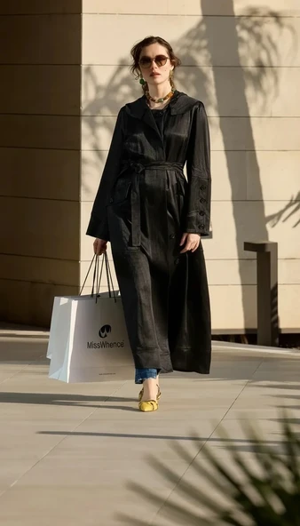Misswhence Cep Detaylı Kapüşonlu Chanel Keten Pardesü 39504 SİYAH ürün görseli 1
