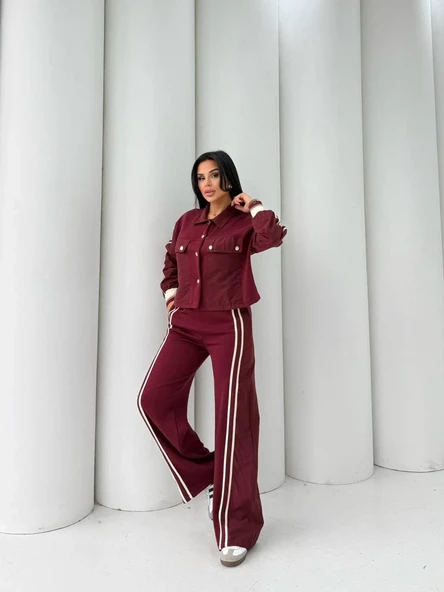 Kadın Şerit Detaylı Geniş Paça Pantolon ve Ceket Takım ürün görseli 1