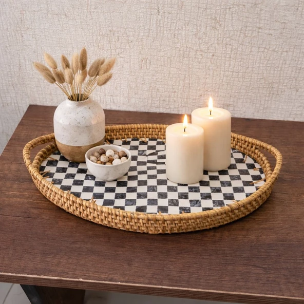MİEN Damalı Oval Sedef Tepsi 2 Li Set - Resim 7