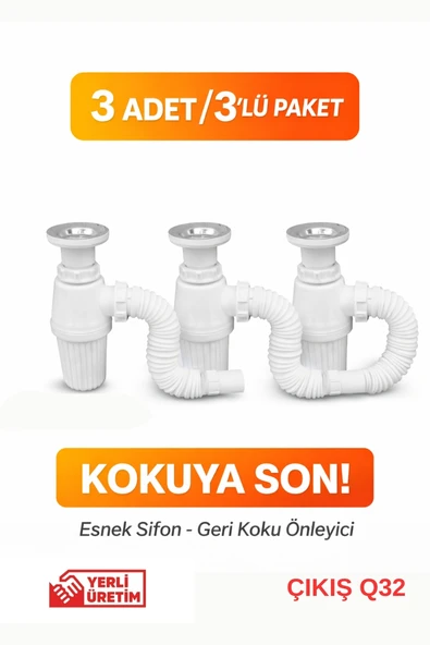 Kokuya Son Gama Esnek Lavabo Sifonu 3’lü Paket – Q32 Çıkış – Yerli Üretim ürün görseli 1