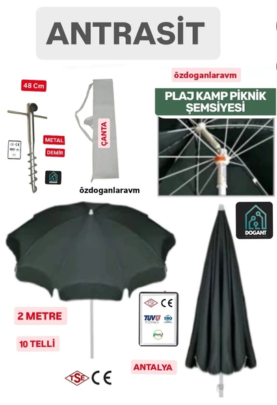 Antresit  Deniz Plaj Bahçe 2 Metre 10 Telli Şemsiyesi Seti Çanta - Kazık ürün görseli 1