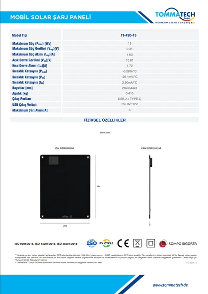 TommaTech Easy Life 15Wp Mobil Solar Şarj Paneli - Resim 2