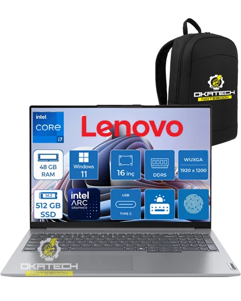 THİNKBOOK 16 G6 IRL INTEL CORE I7-13700H 48 GB 512 GB SSD 16" WUXGA IPS 300NİT WİN11PRO  TAŞINABİLİR BİLGİSAYAR + OKATECH ÇANTA 21KH00V1TROKA13 ürün görseli 1
