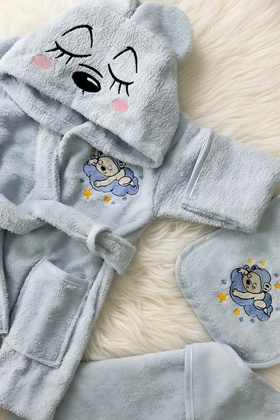 Bear Mavi %100 Pamuk Bebek Banyo Seti - Resim 3