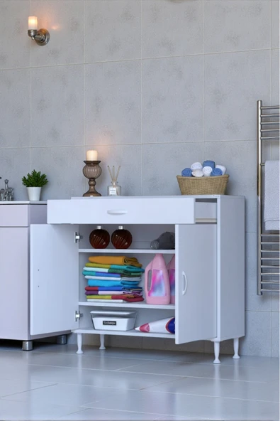 Eliusta Taha 95 cm 3 Bölmeli Beyaz Çok Amaçlı Dolap 2 Raflı Banyo Mutfak Dolabı 95x88x32,5 cm Düzenleyici ürün görseli 1