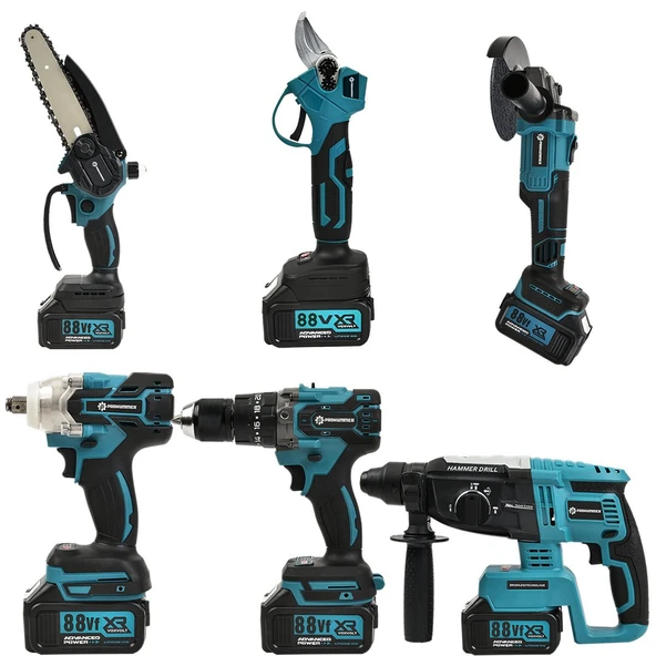 Prohummer PH253 Profesyonel Akülü Süper 6lı Set Makina 88vf 3ah 125mm Avuç Taşlama, Sds Plus Kırıcı Delic, Somun Sıkma Sökme, Vidalama Matkap, Budama Testere, Budama Makası ürün görseli 1