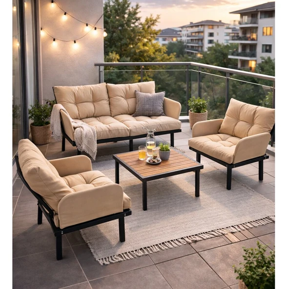 Bahçe Takımı Balkon ve Cafe Modüler Metal Koltuk Takımı 2+1+1 Sehpalı Bej 1637 ürün görseli 1