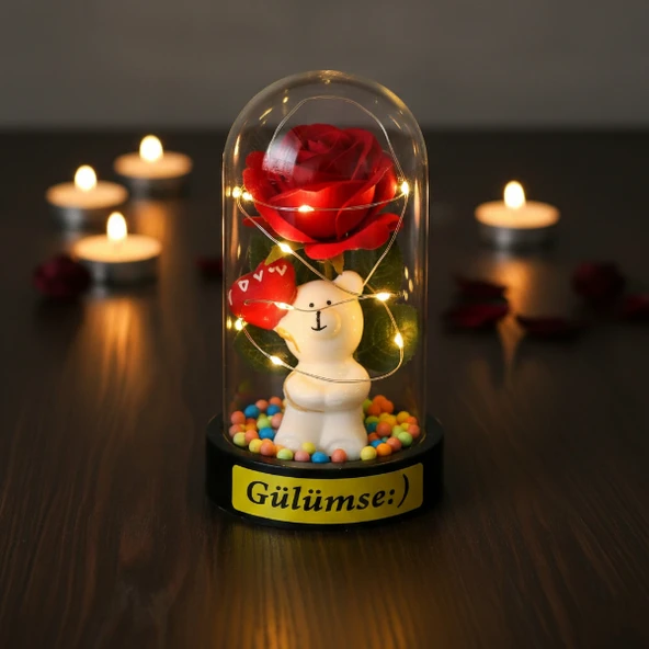 Balonlu Ayıcık Ledli Gül Fanus - Resim 4
